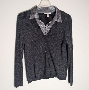 Womens  Metallic Sweater Satin Collar Twofer 90s Y2K‎ Vibes New Years Eve NYE XL